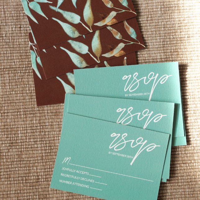 Consejos Tarjeta RSVP de boda Mint Green, Brown Leaves (Mint Green Winter RSVP Cards, Winter Green and Brown Enclosure Cards)