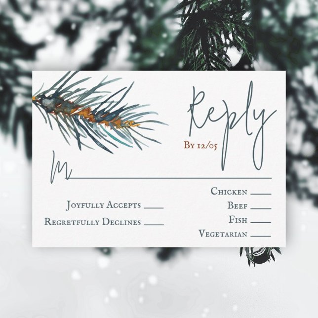 Consejos Tarjeta RSVP de Boda Verde de Invierno (rustic brown hunter green pine needles watercolor reply wedding rsvp enclosure card forest green)
