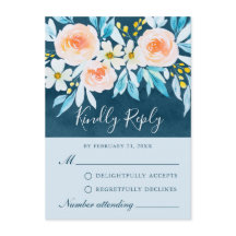 Tarjeta RSVP floral de color azul de la marina mod