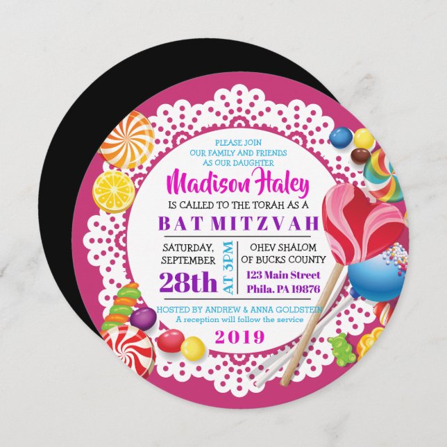 CONSERVACIÓN DE VELAS ROUND Bat Mitzvah Invitación (Anverso / Reverso)