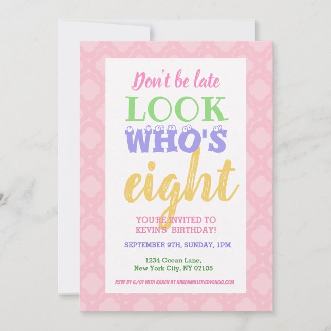 Consignas de invitación por octavo cumpleaños (Anverso)