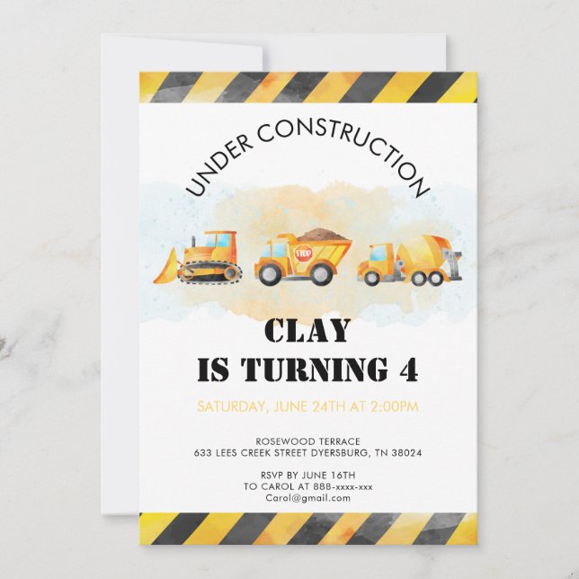 Construcción Cumpleaños Invitación Camión (Anverso)