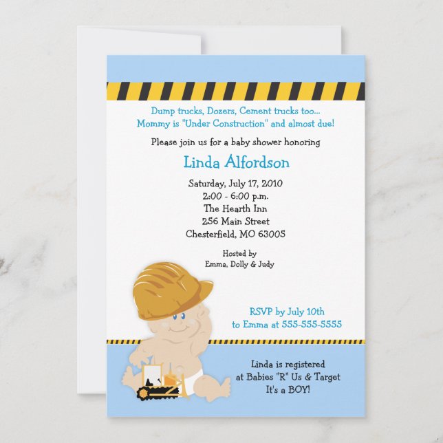 CONSTRUCCIÓN TRABAJADOR Invitación Baby Shower 5x7 (Anverso)