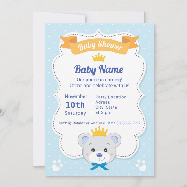 Convite Chá de Bebê “Prince Bear” (Anverso)