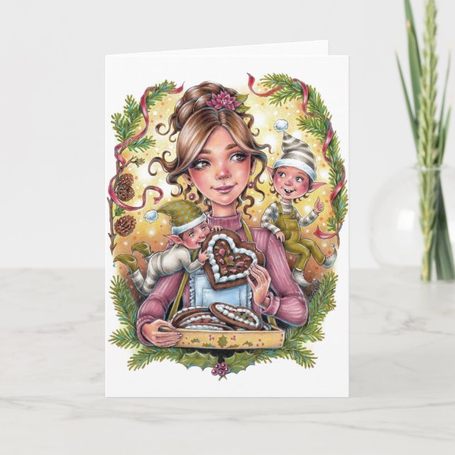 Cookie Elves tarjeta de saludo doblada Gingerbread (Anverso)