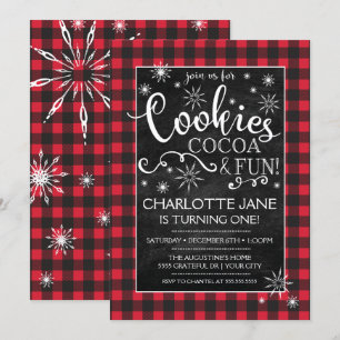 Cookies Cocoa & Fun Plaid Birthday Invitación