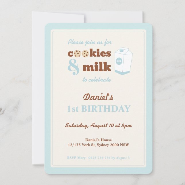 Cookies e Invitación al cumpleaños de la leche, az (Anverso)