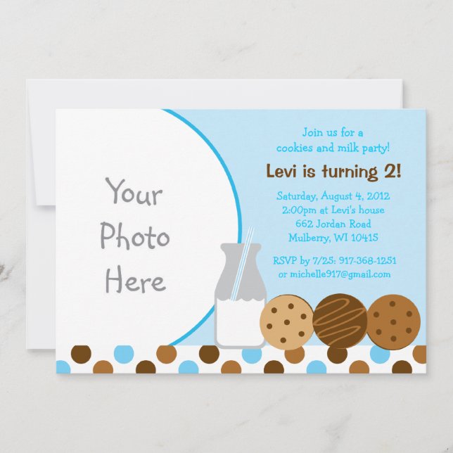 Cookies y Milk Blue Foto Invitaciones al cumpleaño (Anverso)