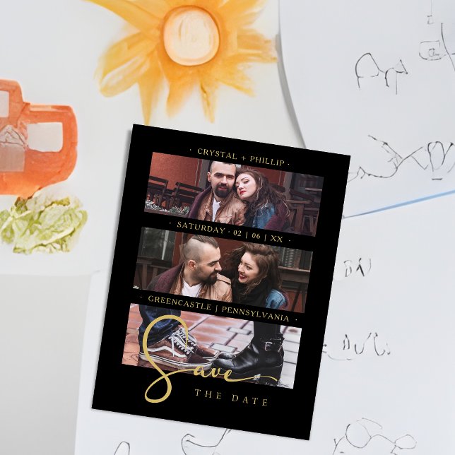 Cool Black Golden Romantic Wedding 3 Multi Photos (Cool Black Golden Romantic Wedding 3 Multi Photos Wedding Save the Date Magnet)