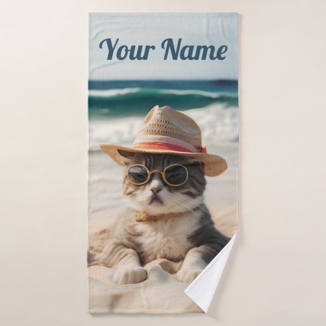 Coole Katze am Strand mit Sonnenbrille und Hut - (Toalla de baño)
