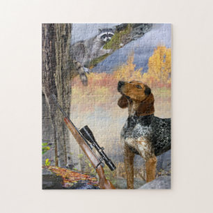 Coon atrapado en un rompecabezas del árbol