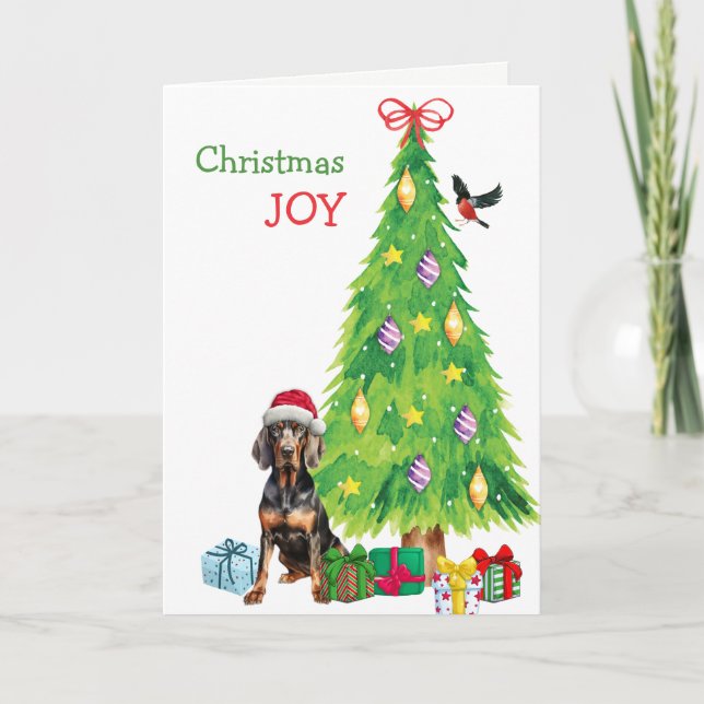 Coonhound negro y tan y árbol de Navidad (Anverso)