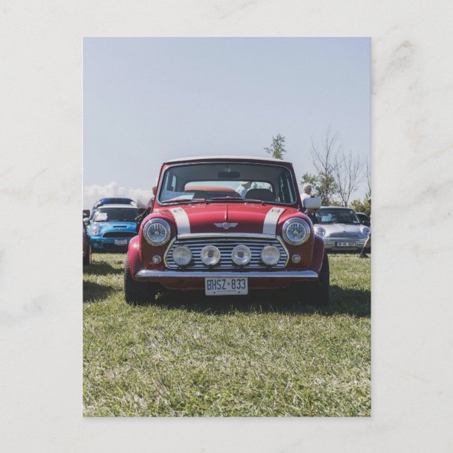 Cooper rojo mini, postal de automóviles de época (Anverso)