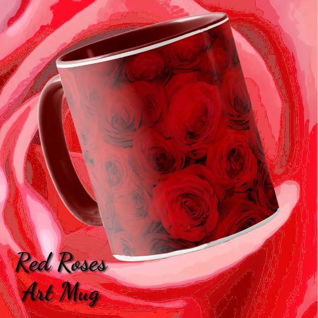 Copa de arte de las rocas rojas profundas (Deep Red rose flowers art mug.)