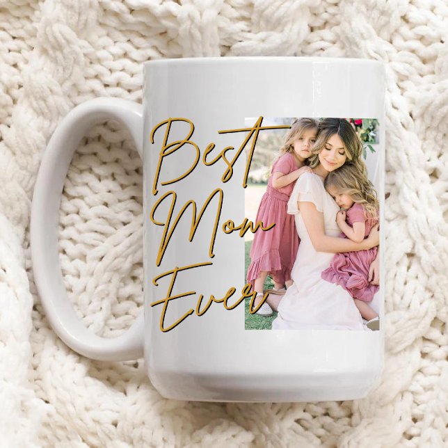 Copa de oro Mejor Madre Foto Café de cumpleaños (Gold Script Best Mom Ever Photo Birthday Coffee Mug)