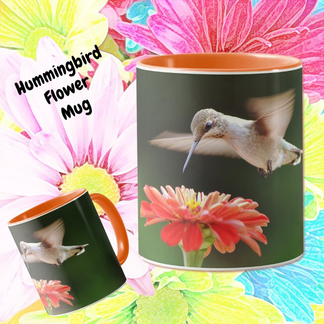 Copa Hummingbird y Flower Bonito Mug (Pretty Hummingbird hovering over a Zinnia flower, pretty mug.)