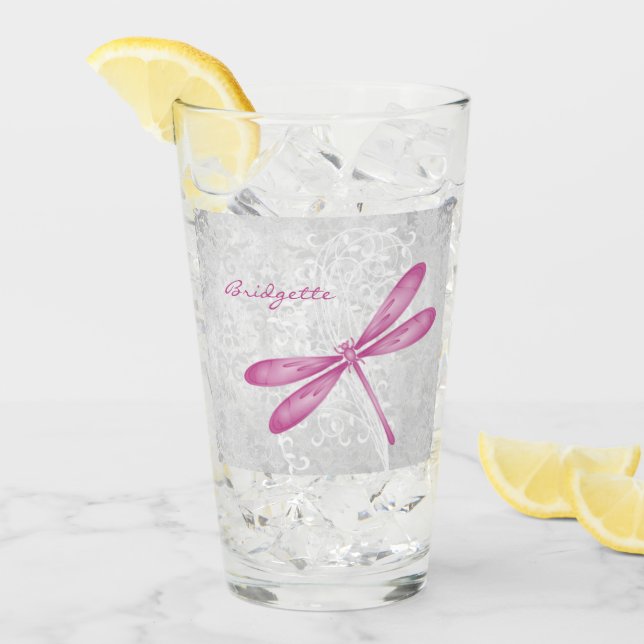 Copa personalizada de vidrio Magenta Dragonfly (Anverso (hielo))