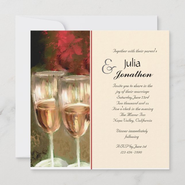 Copas de vino y invitación románticas de la boda (Anverso)