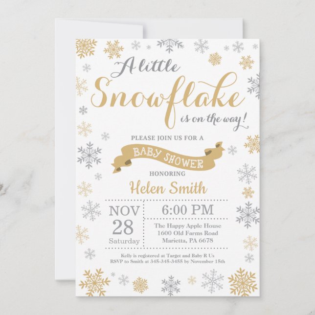 Copo de nieve del oro de la invitación de Baby (Anverso)