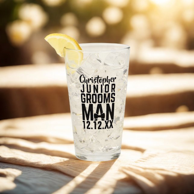 Copo de vidrio personalizado para Junior Groomsman (Junior Groomsman Personalized Wedding Glass with space for a name and wedding date)