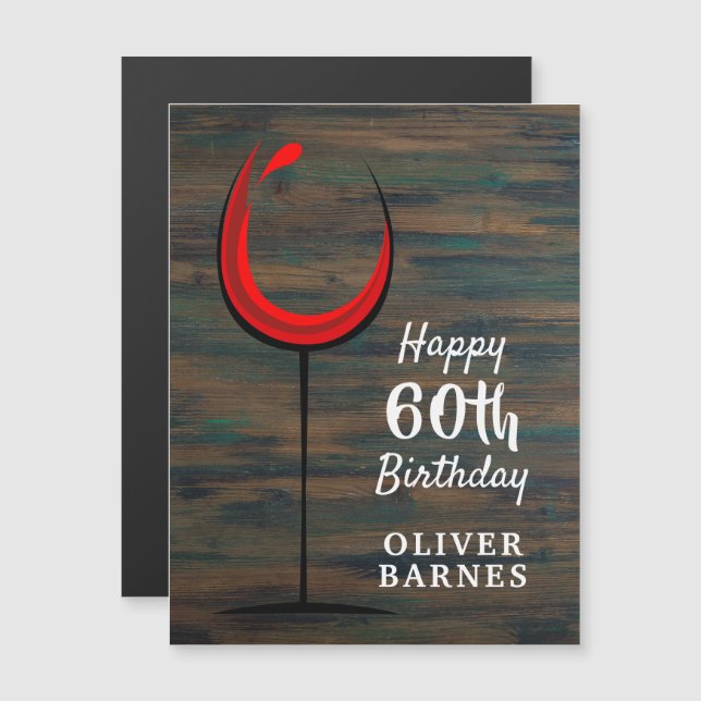 Copo de vino tinto de madera rústica Cumpleaños 60 (Anverso/Reverso)