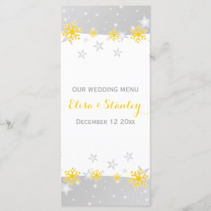 Copos de nieve amarillos, tarjeta de menú boda de
