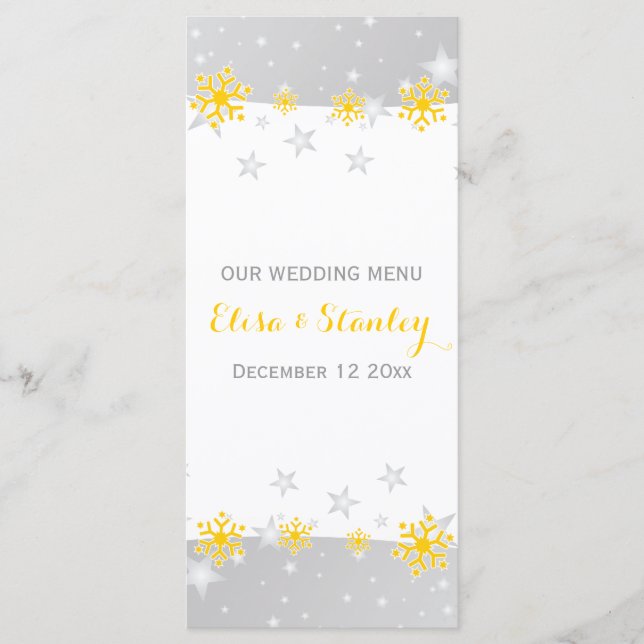 Copos de nieve amarillos, tarjeta de menú boda de  (Anverso)