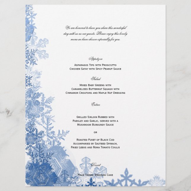 Copos de nieve azules en el menú Boda blanco (Anverso)