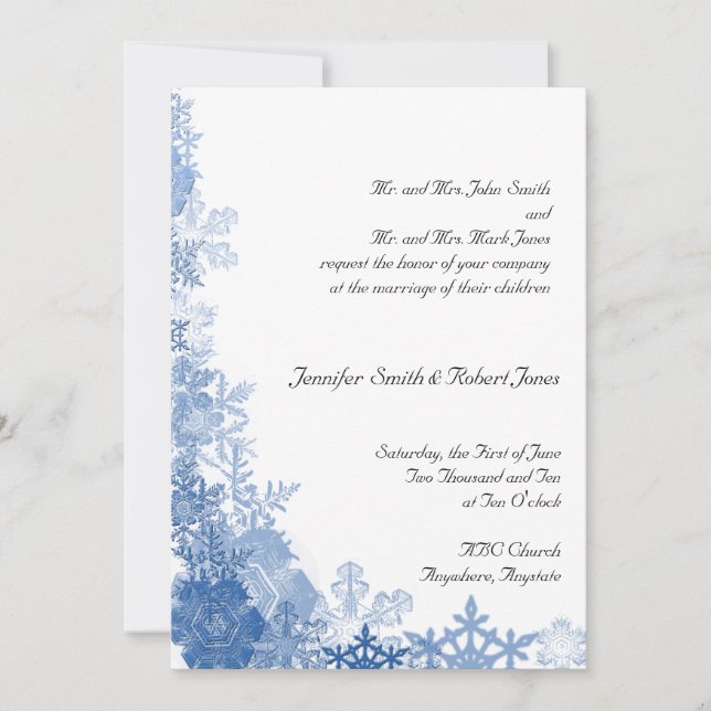 Copos de nieve azules en invitación a la boda blan (Anverso)