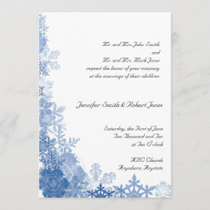 Copos de nieve azules en invitación a la boda blan