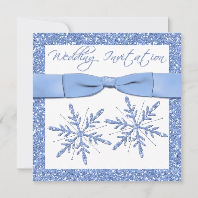 Copos de nieve azules en la invitación a la boda d (Anverso)
