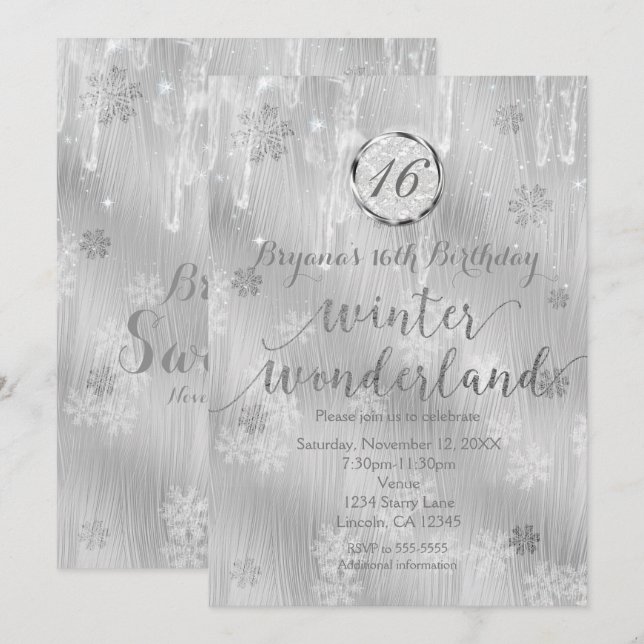 Copos de Nieve Blancas Plateadas Invitaciones de I (Anverso / Reverso)