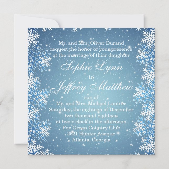 Copos de nieve blancos en la invitación azul de la (Anverso)