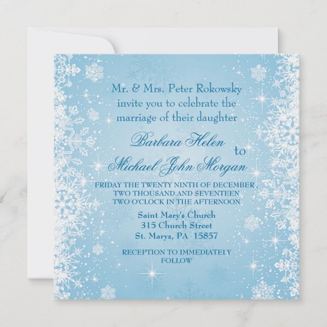 Copos de nieve blancos en la invitación de la boda (Anverso)