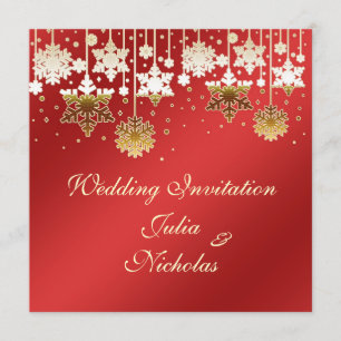 Copos de nieve en la invitación roja de la boda
