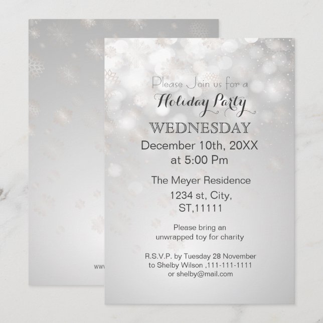 copos de nieve plateados y Invitaciones de fiesta  (Anverso / Reverso)