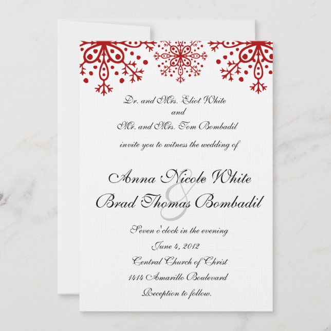 Copos de nieve rojos que casan la invitación (Anverso)