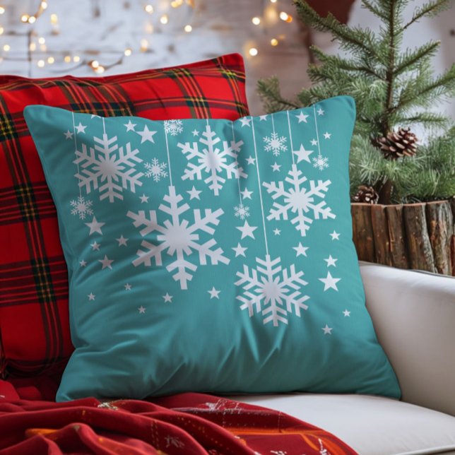 Copos de nieve y almohada de estrellas, Aqua (Aqua Snowflakes and Stars Christmas Throw Pillow)