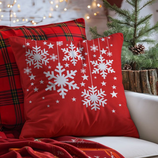 Copos de nieve y almohada de estrellas, rojo (Red Snowflakes and Stars Christmas Throw Pillow)