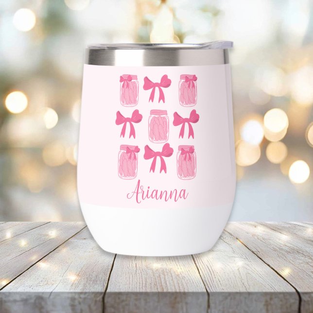 Coqueta rosa caliente Jar y Bow personalizada (Hot Pink Coquette Pickle Jar and Bow Personalized Stemless Thermal Wine Tumbler)