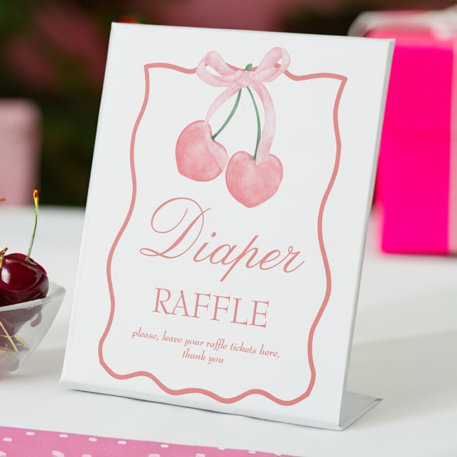 Coqueta rosa cereza bebé ducha personalizado señal (Cherry pink coquette baby shower custom diaper raffle table sign personalized table signs)