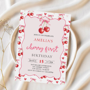 Coquette Bow Cherry Primera Invitación de Cumpleañ