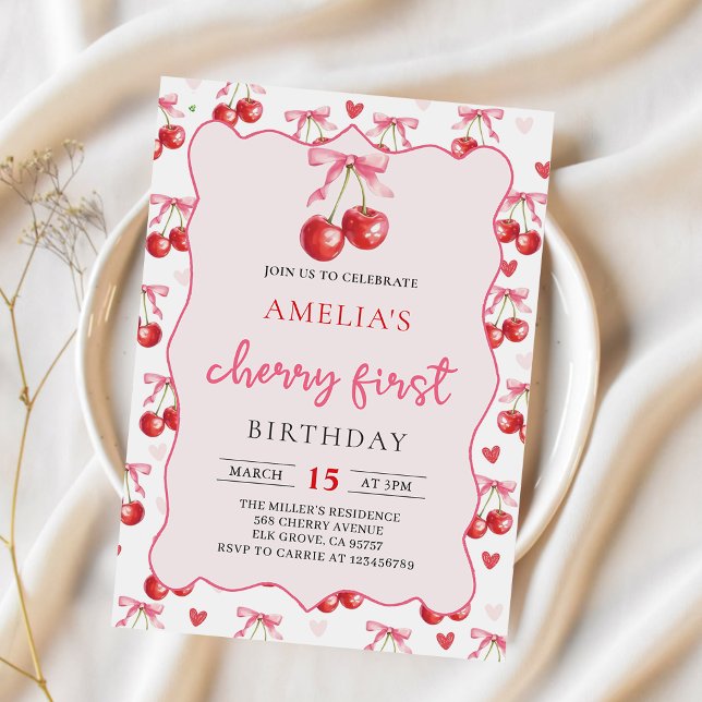Coquette Bow Cherry Primera Invitación de Cumpleañ (Subido por el creador)