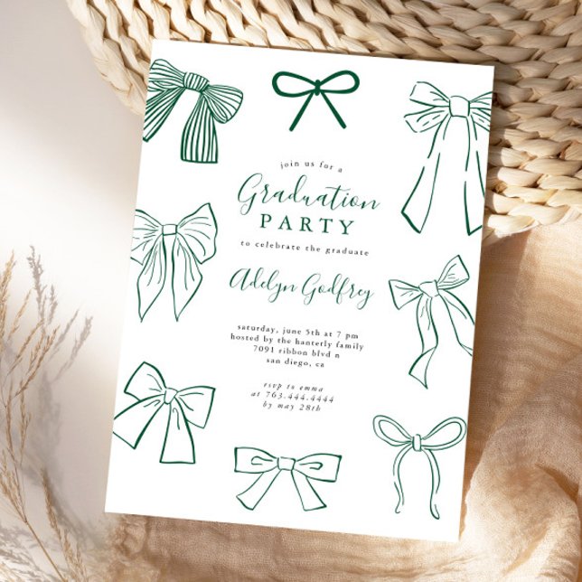 Coquette Bows Green Graduation Party Invitación (Subido por el creador)