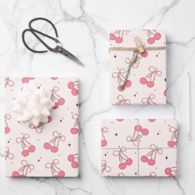 Coquette Cherry Pink Bow Wrapee Hoja de papel (Anverso)