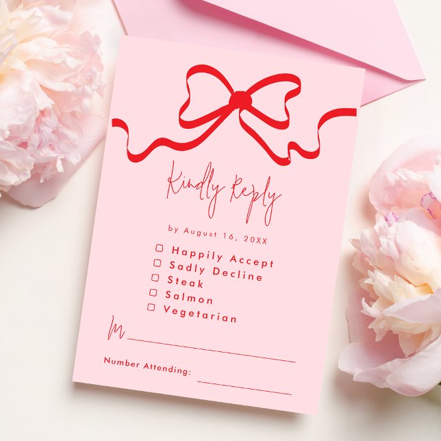 Coquette Pink Red Bow Wedding Tarjeta RSVP (Subido por el creador)