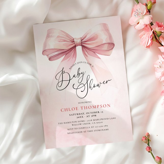 Coquette rosa Bow Baby Girl Shower Invitación (Subido por el creador)