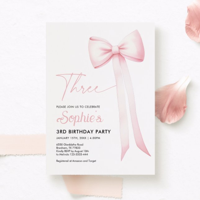 Coquette Rosa Bow Invitación de tercer cumpleaños (Subido por el creador)