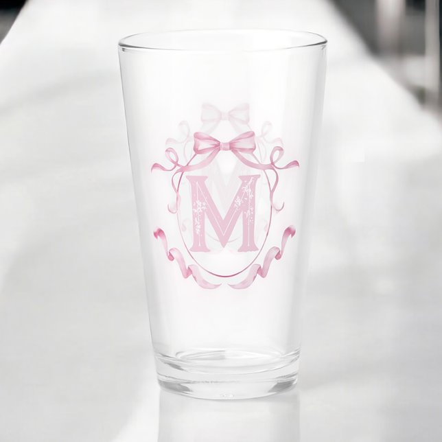 Coquette rosa Bow Monograma Personalizado Pint Bar (Subido por el creador)