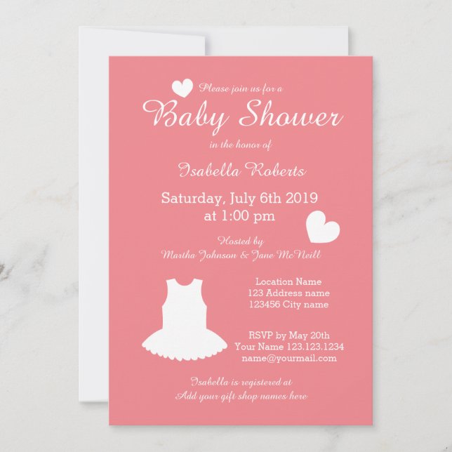 Coral ballerina baby ducha invitaciones con tutu (Anverso)